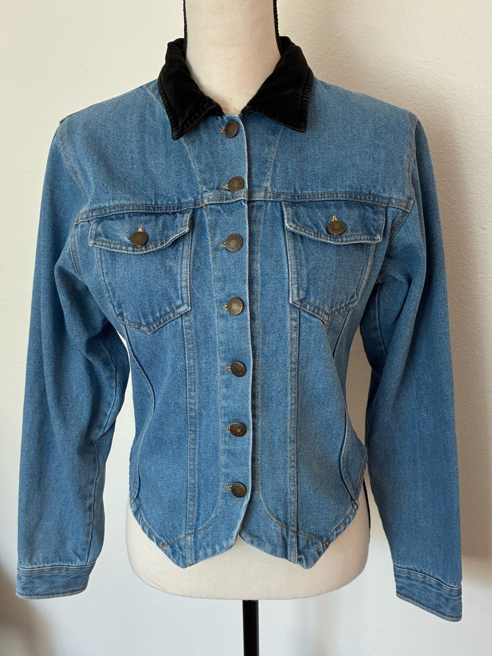 Vintage 90s Tangibles Fitted Jean Denim Jacket Black Velvet Collar